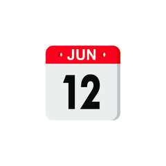 June 12 - Calendar Icon. Summer days of the year. Calendar Icon with shadow. Flat style. Date, day and month. Reminder. Vector illustration. Organizer application, app symbol. Ui. User interface sign.
