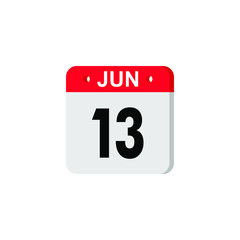 June 13 - Calendar Icon. Summer days of the year. Calendar Icon with shadow. Flat style. Date, day and month. Reminder. Vector illustration. Organizer application, app symbol. Ui. User interface sign.