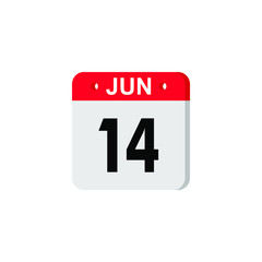 June 14 - Calendar Icon. Summer days of the year. Calendar Icon with shadow. Flat style. Date, day and month. Reminder. Vector illustration. Organizer application, app symbol. Ui. User interface sign.