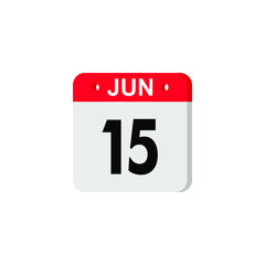 June 15 - Calendar Icon. Summer days of the year. Calendar Icon with shadow. Flat style. Date, day and month. Reminder. Vector illustration. Organizer application, app symbol. Ui. User interface sign.