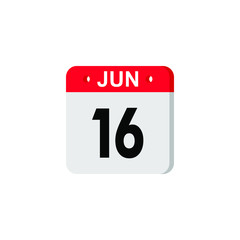 June 16 - Calendar Icon. Summer days of the year. Calendar Icon with shadow. Flat style. Date, day and month. Reminder. Vector illustration. Organizer application, app symbol. Ui. User interface sign.