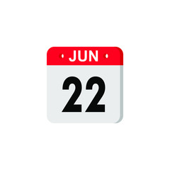 June 22 - Calendar Icon. Summer days of the year. Calendar Icon with shadow. Flat style. Date, day and month. Reminder. Vector illustration. Organizer application, app symbol. Ui. User interface sign.