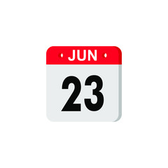 June 23 - Calendar Icon. Summer days of the year. Calendar Icon with shadow. Flat style. Date, day and month. Reminder. Vector illustration. Organizer application, app symbol. Ui. User interface sign.