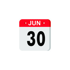 June 30 - Calendar Icon. Summer days of the year. Calendar Icon with shadow. Flat style. Date, day and month. Reminder. Vector illustration. Organizer application, app symbol. Ui. User interface sign.