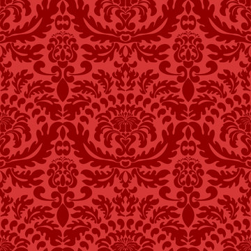 Damascus. Bright seamless ornament. Modern classic Wallpaper, fabric. The color of the pattern is red and coral background