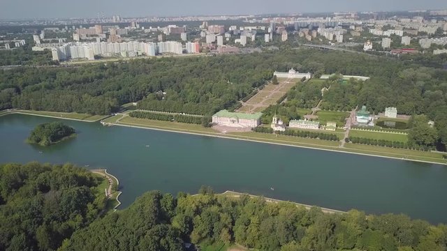 Baroque manor of the 18th century with a park by the river. Russia, Moscow river. Aerial photography.