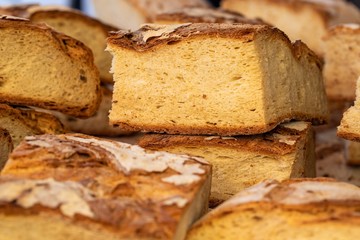 Large pieces of sliced bread closeup, Bread that is famous in Italy in the Puglia region