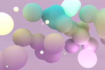 3d background image of gradient holographic fluid blobby bubbles in pink and turquoise colors and illuminating balls in front of pink background