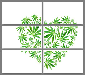 Set of cards with watercolor background of marijuana leaves. Abstract template with Cannabis Sativa leaves