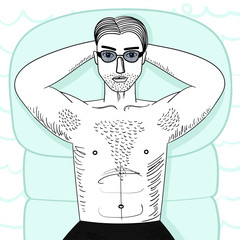 Strong young guy with hairy chest sunbathes on inflatable swimming mattress. Hands under head. Sexy man witn muscle body lying in sunglasses. Isolated vecor illustration