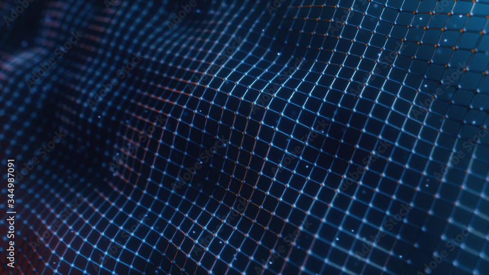 Poster abstract mesh with wave motion and depth of field. connected data nodes. artificial intelligence. vi