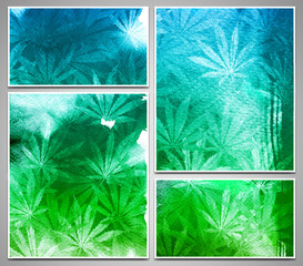 Set of cards with watercolor background of marijuana leaves. Abstract template with Cannabis Sativa leaves