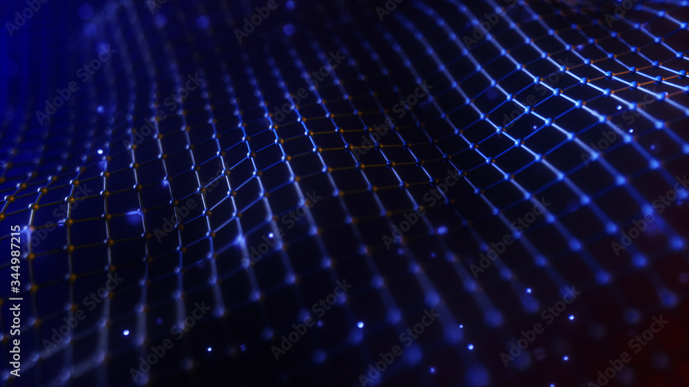 Poster abstract mesh with wave motion and depth of field. connected data nodes. artificial intelligence. vi
