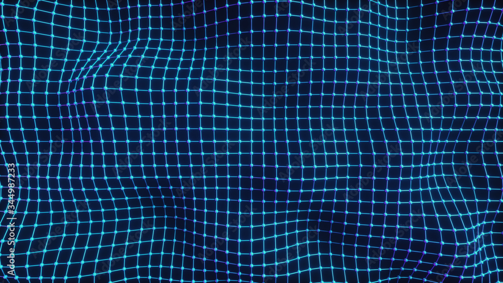 Poster abstract mesh with wave motion and depth of field. connected data nodes. artificial intelligence. vi