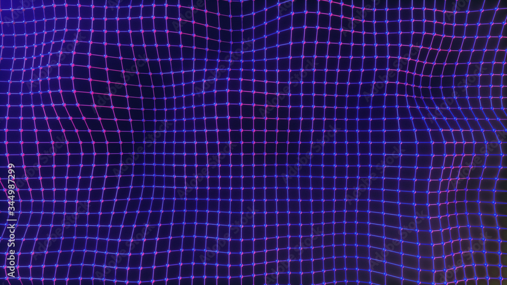 Poster abstract mesh with wave motion and depth of field. connected data nodes. artificial intelligence. vi