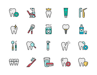 Set of Dentistry Flat Color Line Icons. Denture, Toothpaste, Toothbrush and more