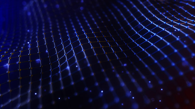 Abstract mesh with wave motion and depth of field. Connected data nodes. Artificial Intelligence. Virtual global network. 3d illustration © flashmovie