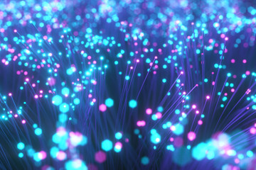 Fototapeta na wymiar Fiber optic wires with flashing signals. Digital data transmission via fiber optic cable. Bouquet of colored optical fibers with bokeh. Technology concept. 3d illustration