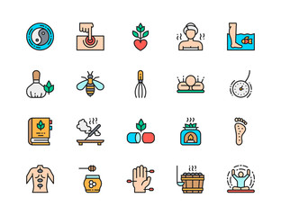 Set of Alternative Medicine Flat Color Icons. Bathhouse, Meditation and more.