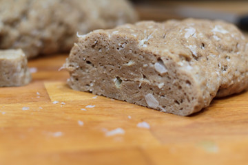 Homemade vegetarian/vegan seitan on wooden board