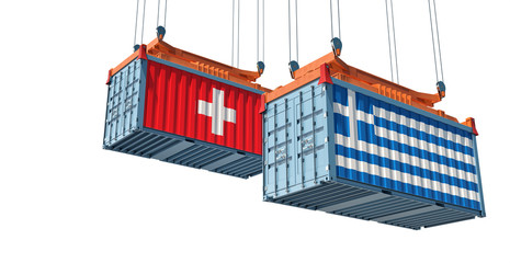 Shipping containers with Switzerland and Greece flag. 3D Rendering 