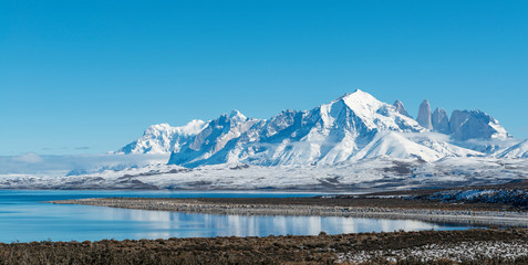 Panorama of the Torres del Paine mountain peaks in winter, Torres del Paine national park, Patagonia, Chile.