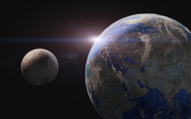 Planet earth and moon in the space wiyh lens flare. Science fiction 3D render. Elements of this image were furnished by NASA