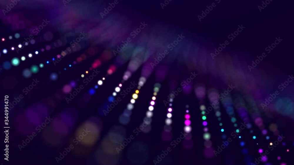 Poster Abstract background with moving glowing dots. Sound wave element. Equalizer for music. 3d rendering. Seamless loop.