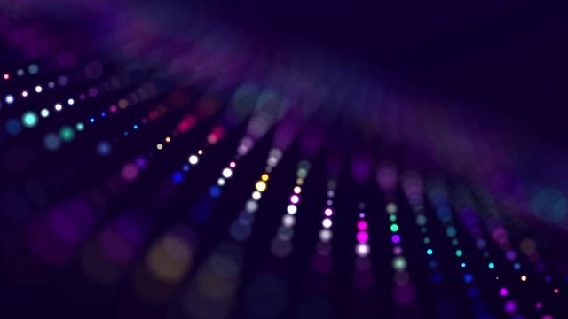 Abstract background with moving glowing dots. Sound wave element. Equalizer for music. 3d rendering. Seamless loop.