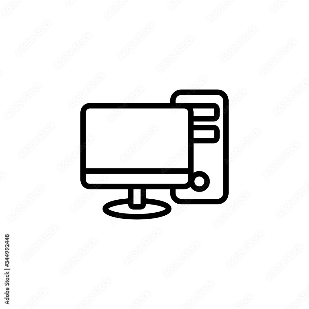 Poster full computer vector icon in linear, outline icon isolated on white background