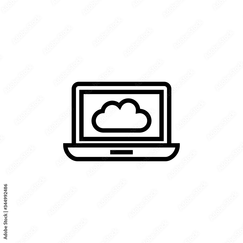 Poster laptop with cloud data symbol on screen icon in linear, outline icon isolated on white background