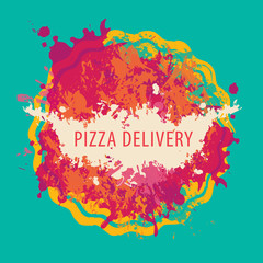 Vector banner for a pizzeria on the theme of pizza delivery. Creative illustration with an abstract image of pizza in the form of colorful spots and splashes on an emerald background