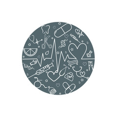 Medical health care line icons circular shaped. Medical icons symbols in circle pattern. Modern vector illustration of laboratory equipment for web page template, print media, banner, background. 
