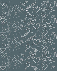 Medical health care line icons background template. Medical icons symbols in dark pattern. Modern vector illustration of laboratory equipment for web page template, print media, banner.
