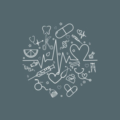 Medical health care line icons circular shaped. Medical icons symbols in circle pattern. Modern vector illustration of laboratory equipment for web page template, print media, banner, background. 