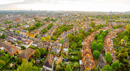 Aerial view of London suburb in the morning, UK