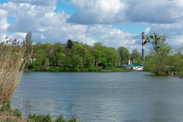 
river in the Ukrainian village, among the field and trees. Early spring green grass blue sky with blue clouds