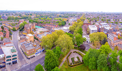 Aerial view of London suburb in the morning, UK