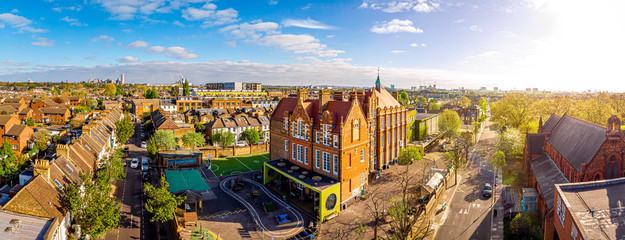 Aerial view of school in London suburb in the morning, UK