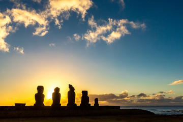 Moais in Ahu Vai Uri, Tahai Archaeological Complex, Rapa Nui National Park, Easter Island, Chile.