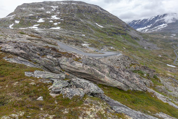 Norwegian summer landscape, wonderful view of snow-capped mountains with clean, cold air in summer, selective focus.