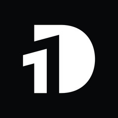 Initial letter and number logo, D and 1, D1, 1D, black negative space