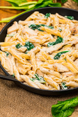 Chicken Alfredo Pasta with Spinach. Selective focus.