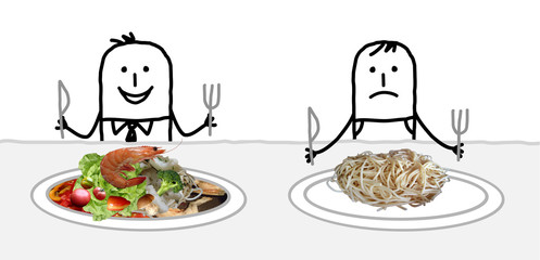 Cartoon rich man with a plate full off good food, next to a poor one with only simple spaghetti