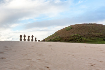 Anakena Beach on Easter Island or Rapa Nui in Chile. Moai at Ahu Nua Nua.