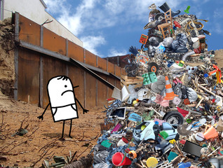unhappy cartoon man watching a big pile of garbage, on a landfill photo