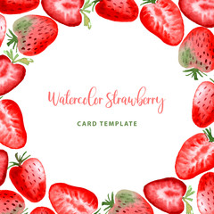 Watercolor Strawberry fruit berry frame round border card. Modern color trendy strawberries template for label, banner, card design, poster, cover print - 344997040