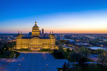 Aerial View of the Iowa Skyline and State Capitol Building at Sunset