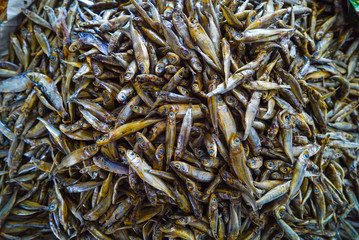 Dried fish meat cut for sale in the market. traditional market indonesia, ikan asin