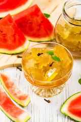 Watermelon Rind Jam Or Candied Watermelon Crusts In Syrup. Azerbaijani Cuisine. Selective focus.
